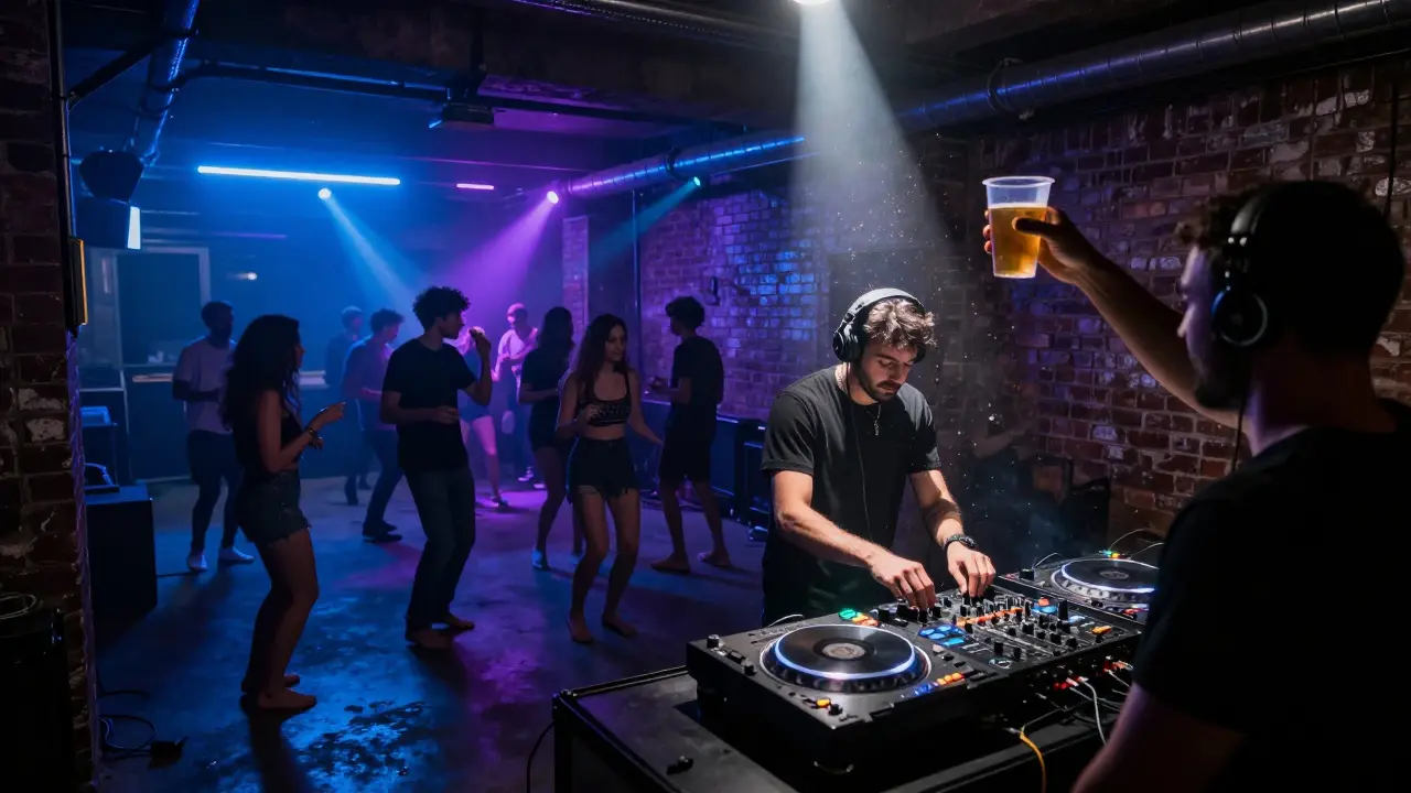 A modern underground techno club with neon lights and a diverse crowd dancing on concrete floors.