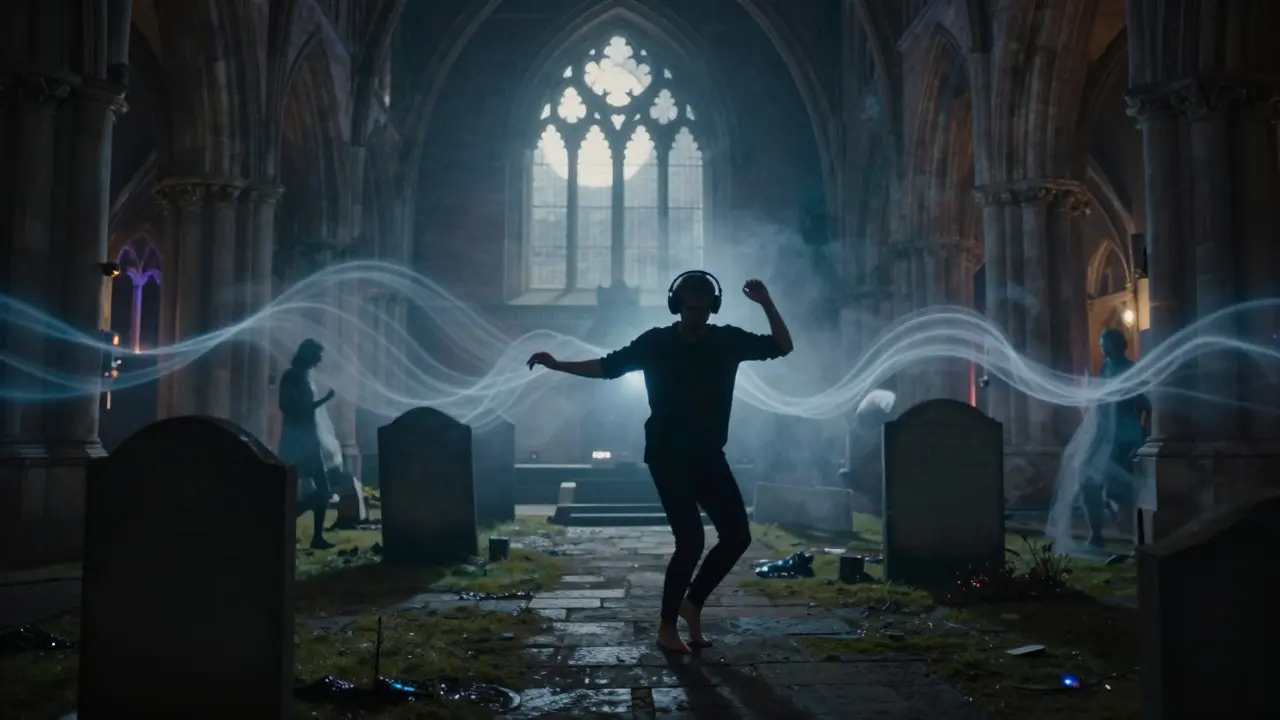 A person dancing alone among gravestones in a crypt, wearing headphones as soft light pulses with unseen music.
