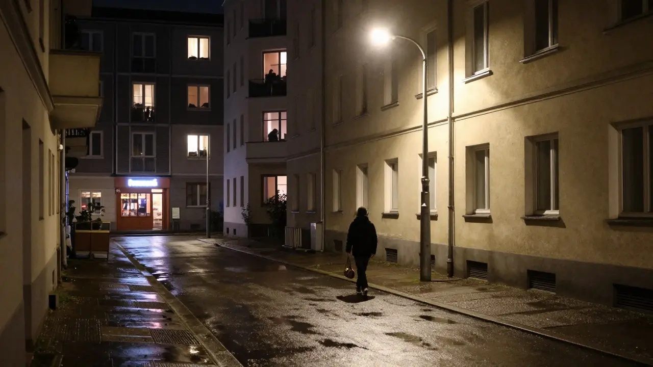 A person walking confidently down a quiet Berlin street at night, with safe, residential lighting in the background.