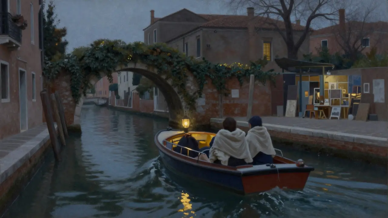 A private boat floats silently along the Navigli canals under twilight lantern light.