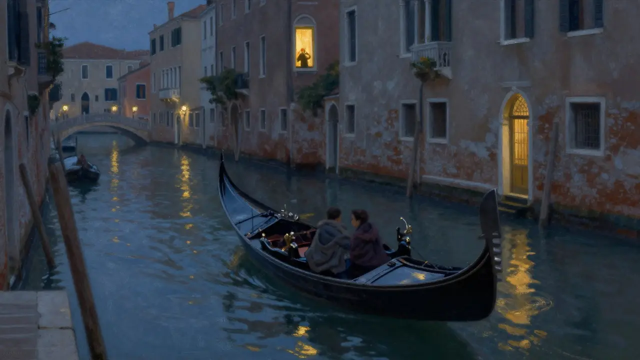 A private boat floats silently on the Navigli canal under a window where someone sings opera at night.