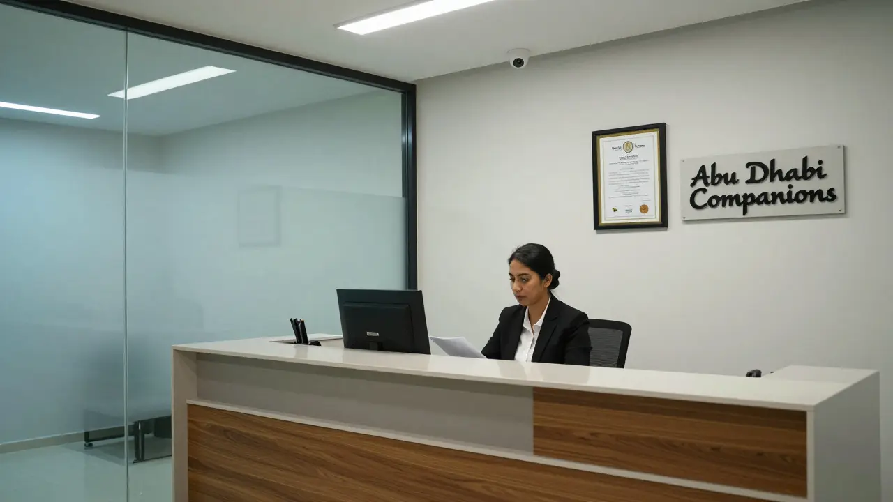A professional companionship agency office in Al Reem Island, minimalist and registered, conveying legitimacy and discretion.