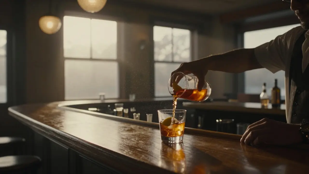 A quiet bar at dawn with a bartender pouring a classic Negroni Sbagliato in soft morning light.