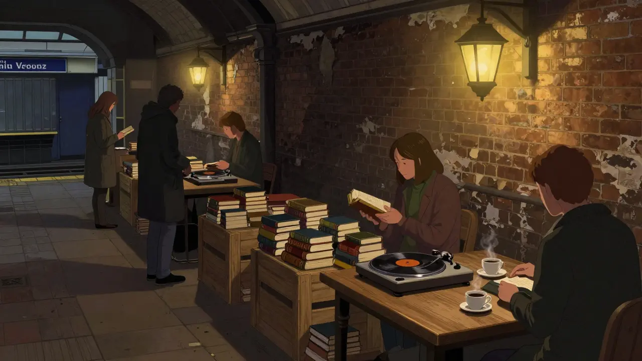 A quiet group exchanging books in a forgotten underground station, lantern light and vinyl spinning in the background.
