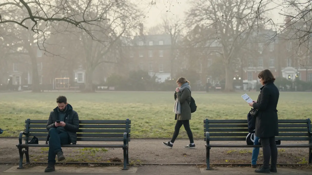 A quiet London park at dawn with three individuals: a lonely man, a walking woman, and a counselor offering support.