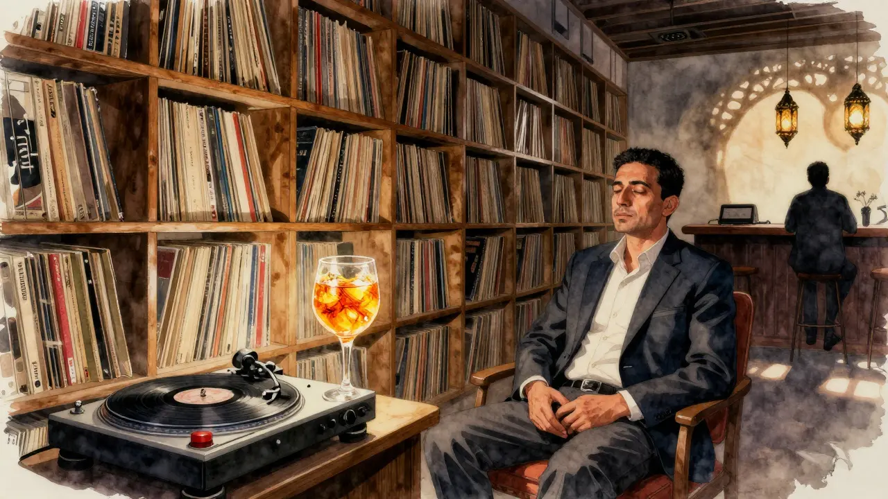 A quiet record room with vintage vinyl and a glowing saffron gin tonic under soft light.