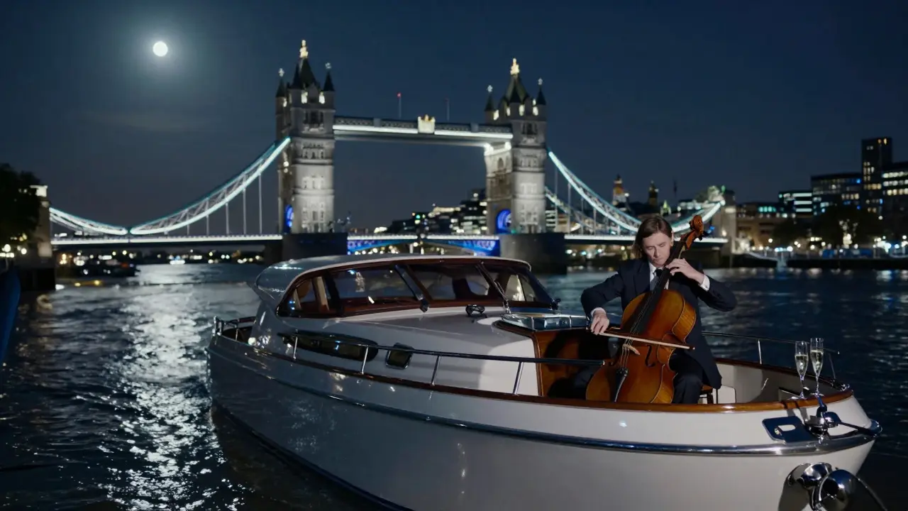 A quiet vintage yacht on the Thames at night with a cellist playing under moonlight.