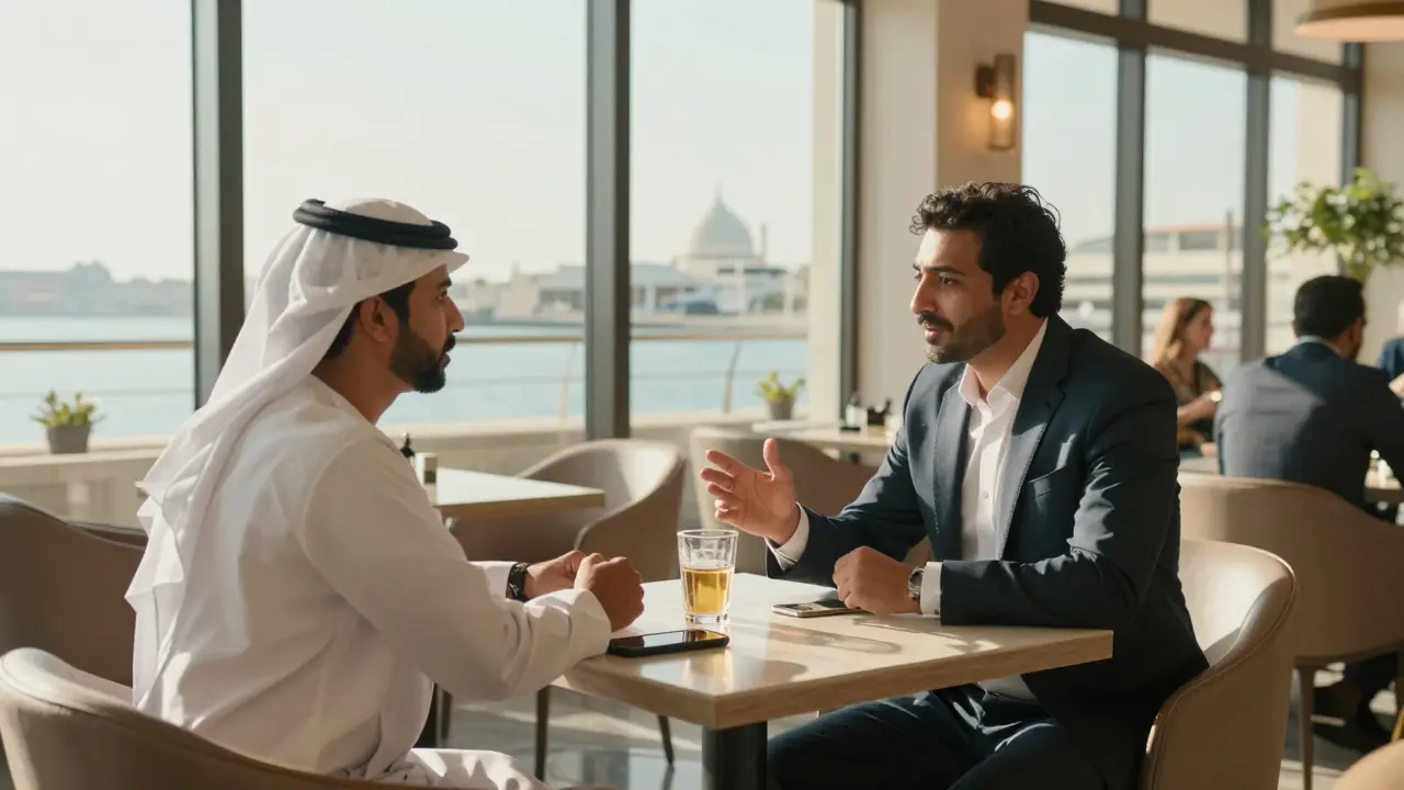 A respectful conversation in a public Abu Dhabi café, reflecting cultural awareness and trust.