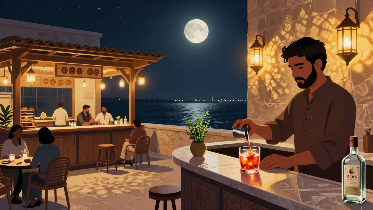 A rooftop hideout with lanterns and moonlight, crafting a local gin cocktail in quiet intimacy.