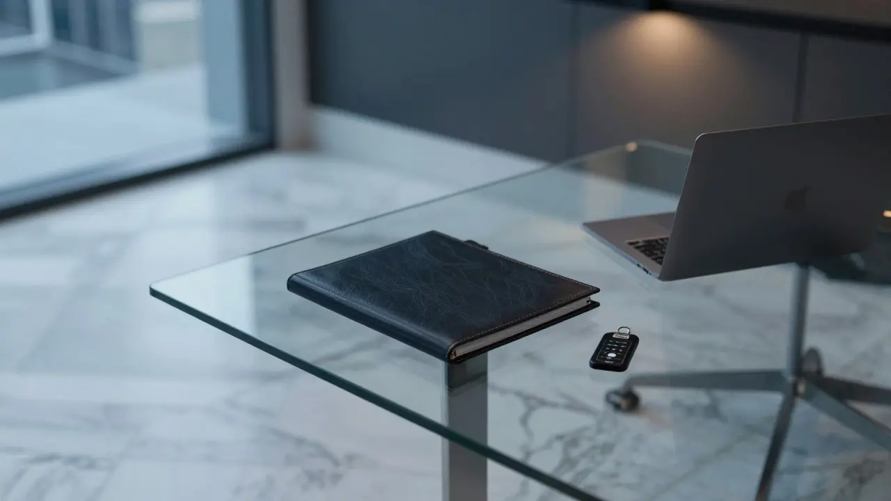 A sleek office in DIFC with a leather dossier and keycard on a glass table, no people present.