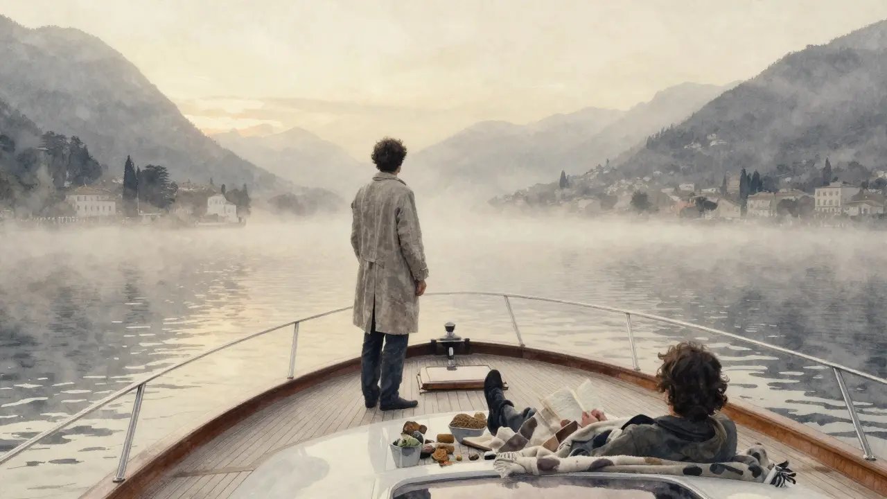 A solitary figure stands at dawn on a quiet yacht on Lake Como, surrounded by mist and mountain silhouettes.