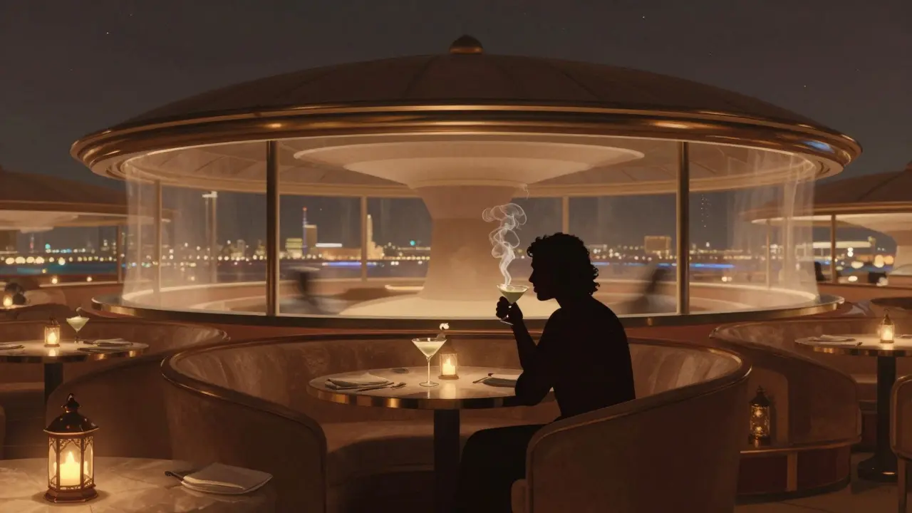 A solitary person enjoying a cocktail at a rotating rooftop restaurant with the city lights stretching below.