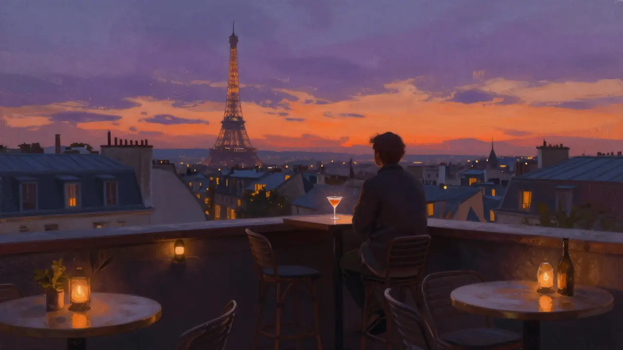 A solitary person overlooking Paris from a rooftop bar at sunset, lanterns glowing and city lights beginning to twinkle.