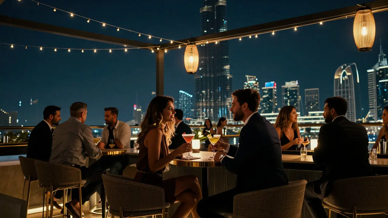 A sophisticated couple conversing on a rooftop bar in Dubai, illuminated by city lights and soft ambient glow.