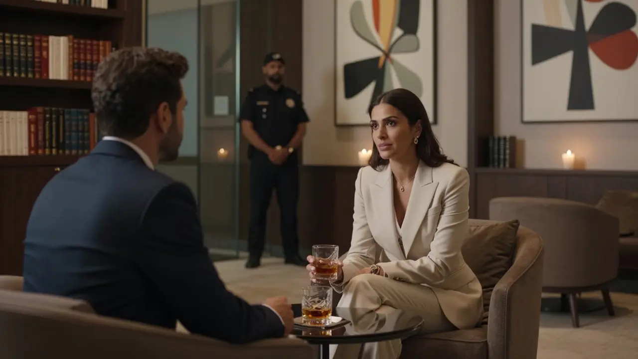 A sophisticated woman in ivory suit talks with a client in a high-end hotel lounge, ambient candlelight, discreet security in background.