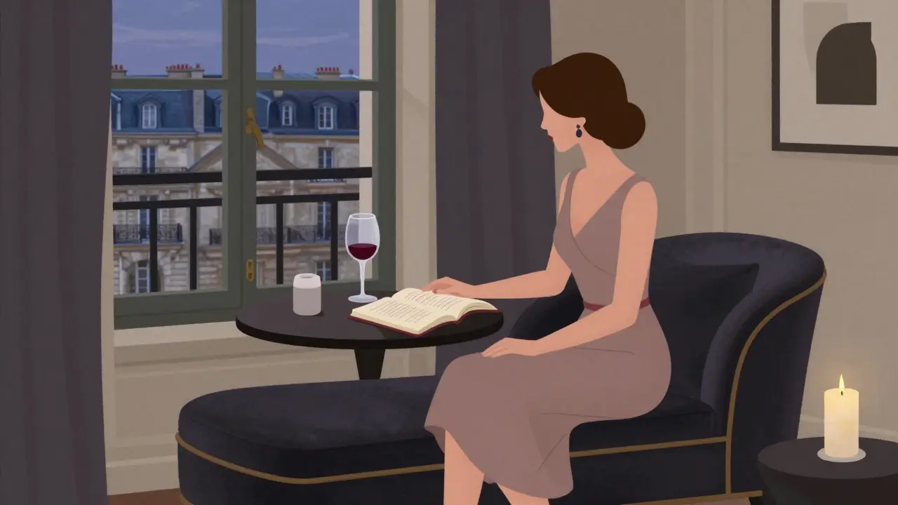 A sophisticated woman sits elegantly in a luxury hotel room, candlelight reflecting off wine and books.