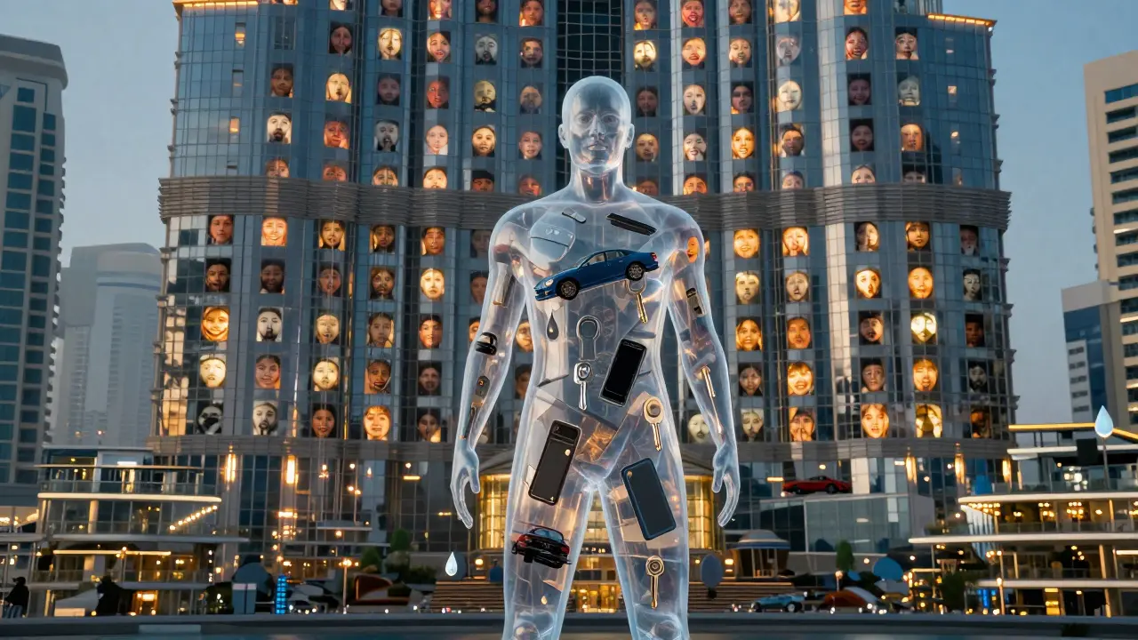 A transparent figure made of luxury items and tears stands amid Dubai's glittering skyscrapers.