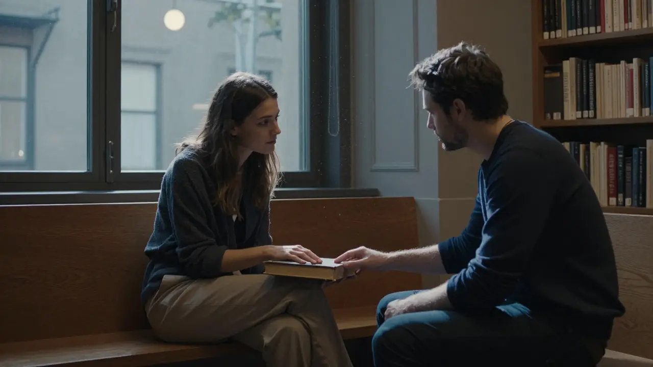 A woman and man in a quiet museum corner after hours, sharing silent space among books and moonlight.