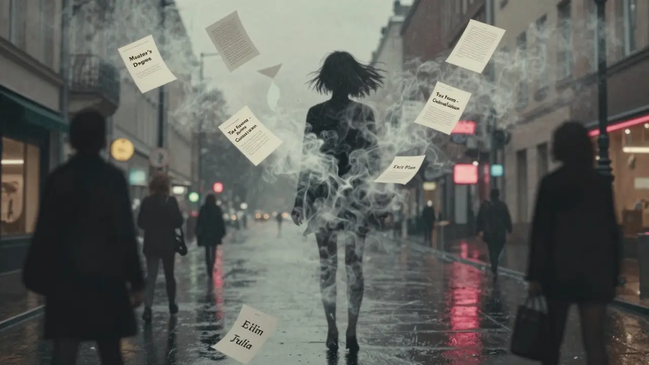 A woman dissolves into smoke, her identity formed from papers representing her hidden life and professions.