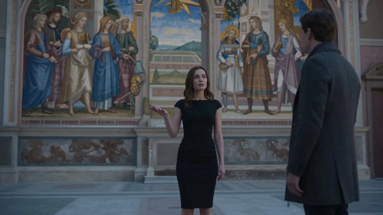 A woman explains art at Sforza Castle at dawn, accompanied by a discreet observer.