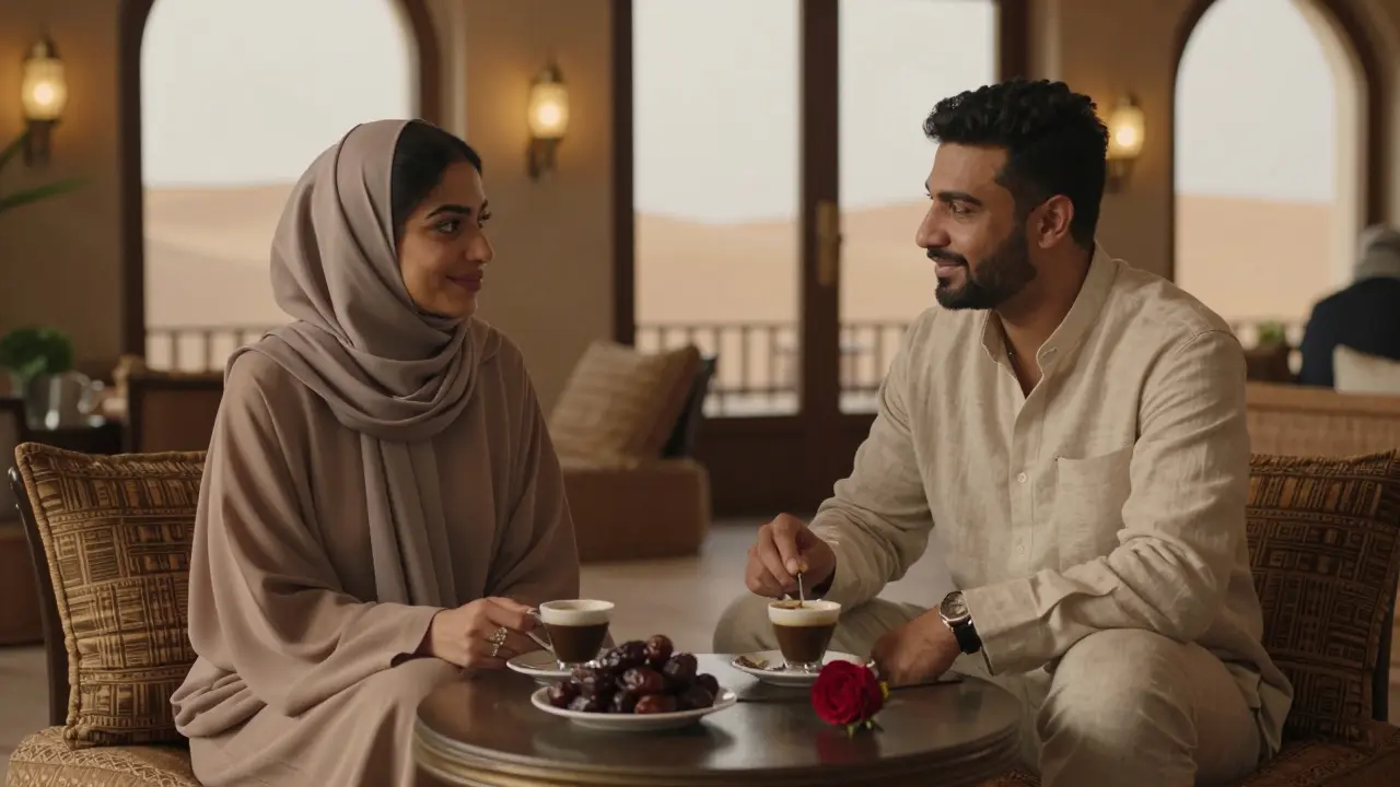 A woman in a traditional abaya and a man enjoying Arabic coffee in a serene hotel lounge with desert views.
