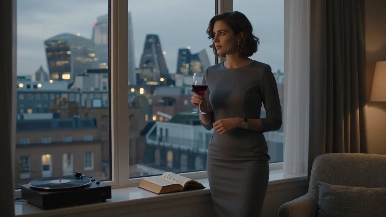A woman standing by a London window with a book and wine, city lights glowing behind her in a serene evening moment.