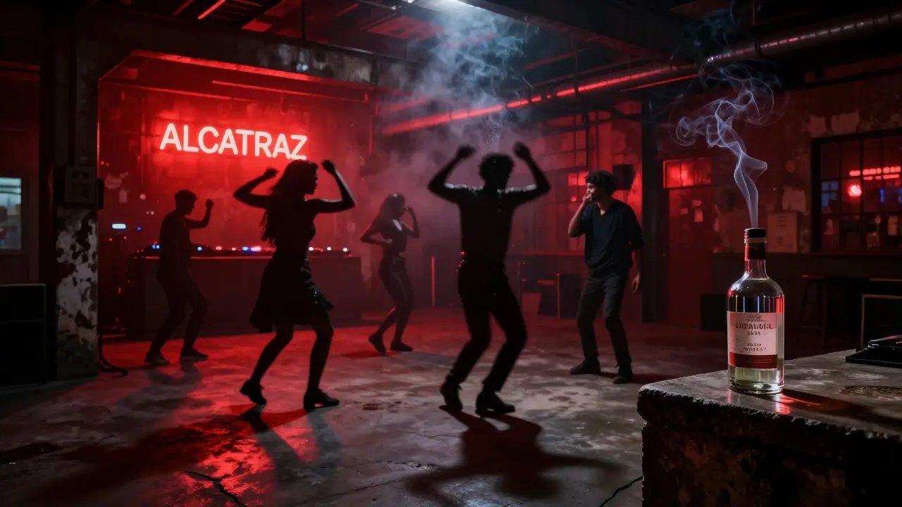 Alcatraz club interior with red lighting, dancers silhouetted to techno beats.