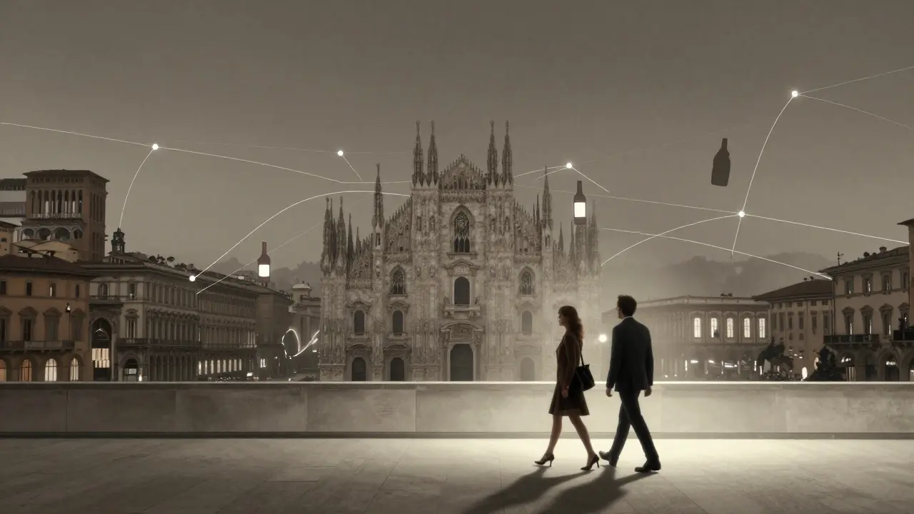An abstract map of Milan’s elite night districts connects a man and woman in elegant attire under a soft city glow.