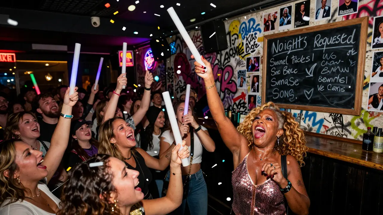 An elderly woman performs Beyoncé to a glowing, confetti-filled crowd at Camden's karaoke bar.