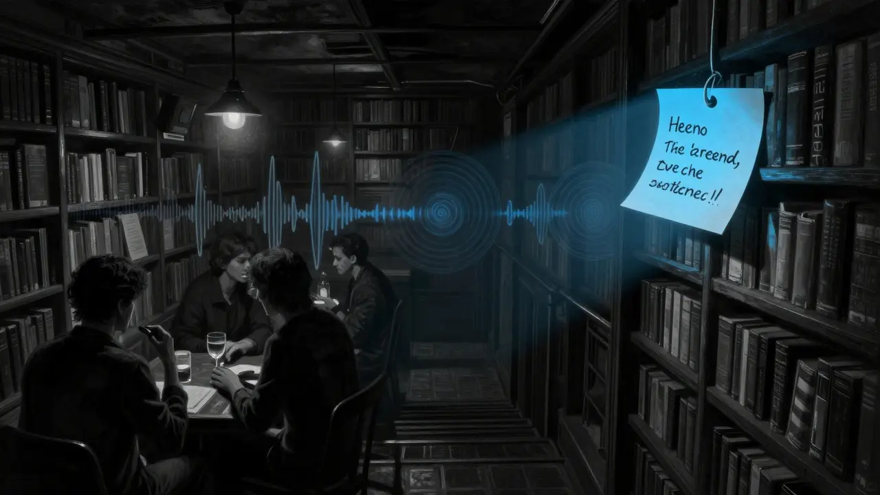 An underground club hidden beneath a bookstore, with a single password note glowing in blue light.