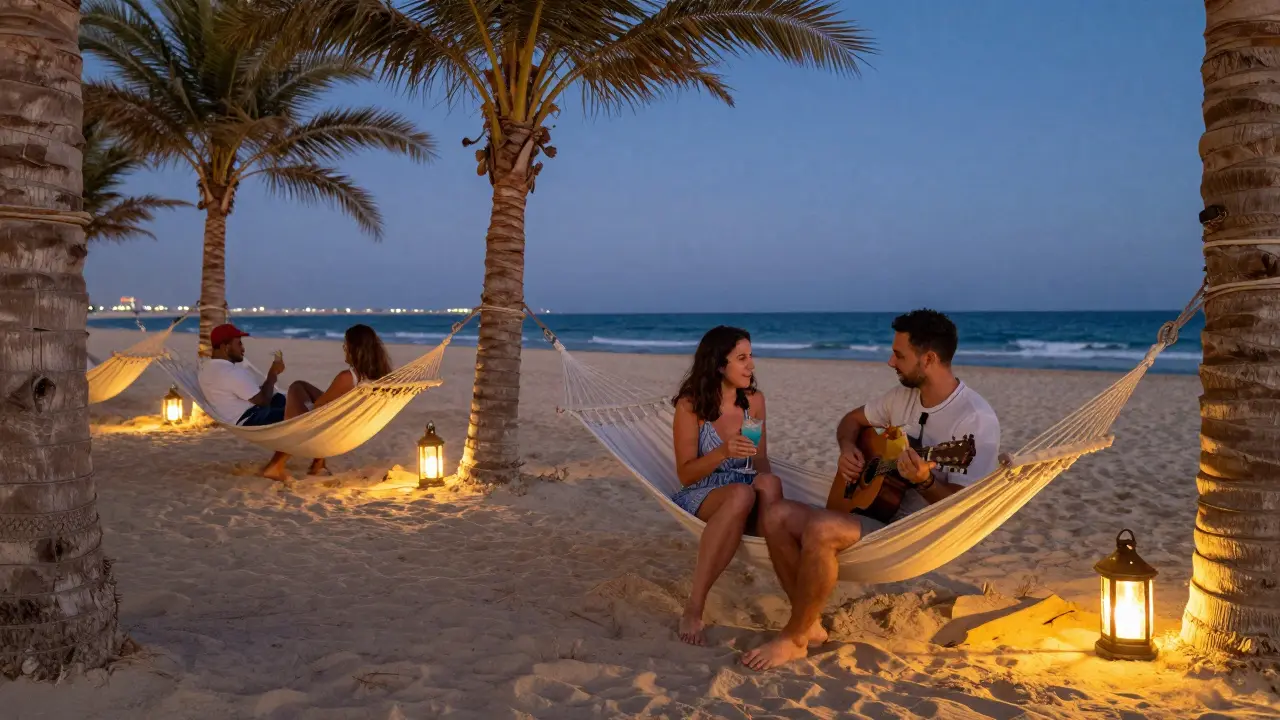 Beachfront bar at twilight with hammocks, lanterns, and guests enjoying cocktails under the stars.