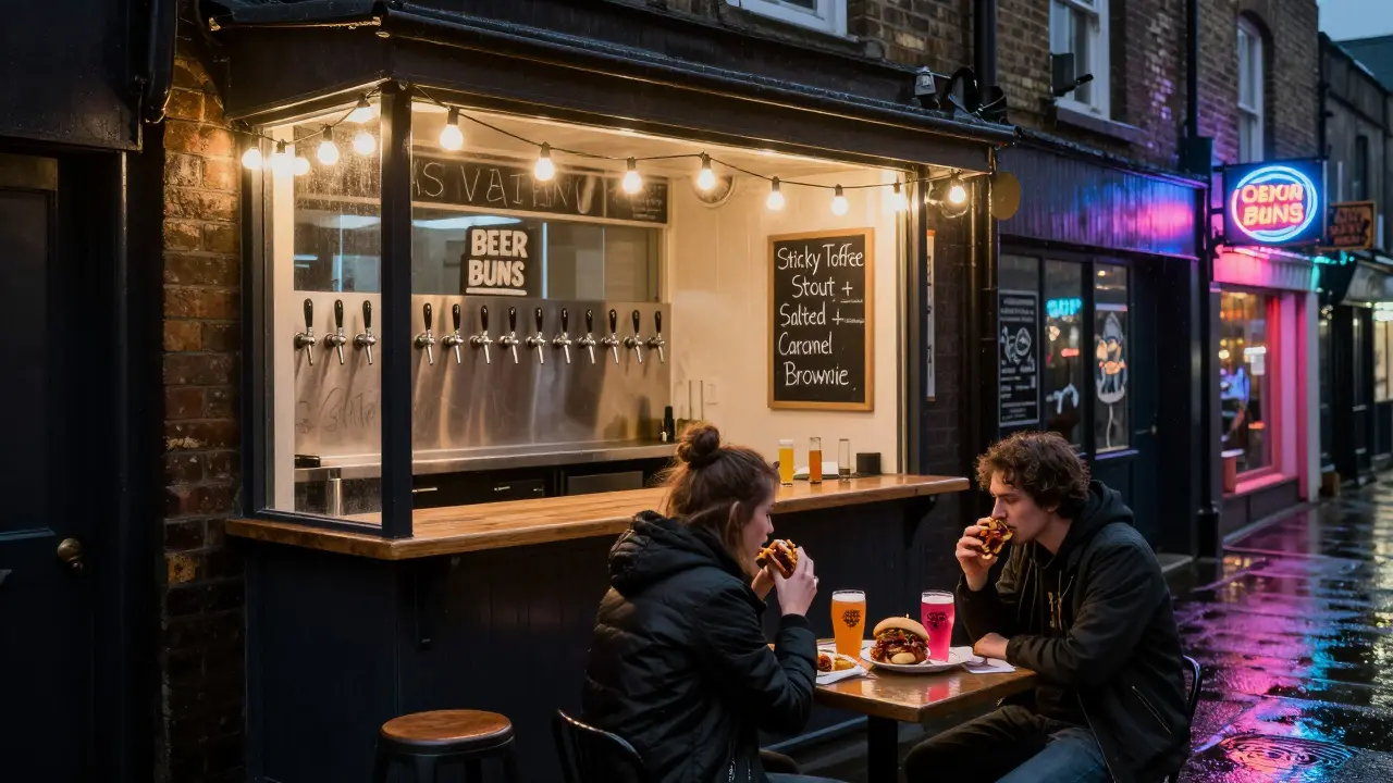 Beer &amp; Buns in Camden, a couple enjoying a spicy pork bun with hibiscus sour beer under string lights.