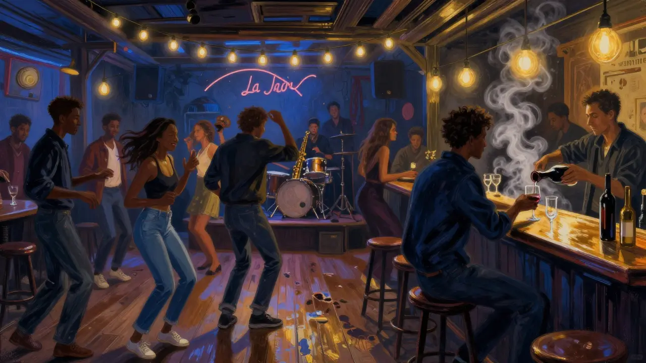 Crowd dancing in a dimly lit underground club with live music and vintage decor.