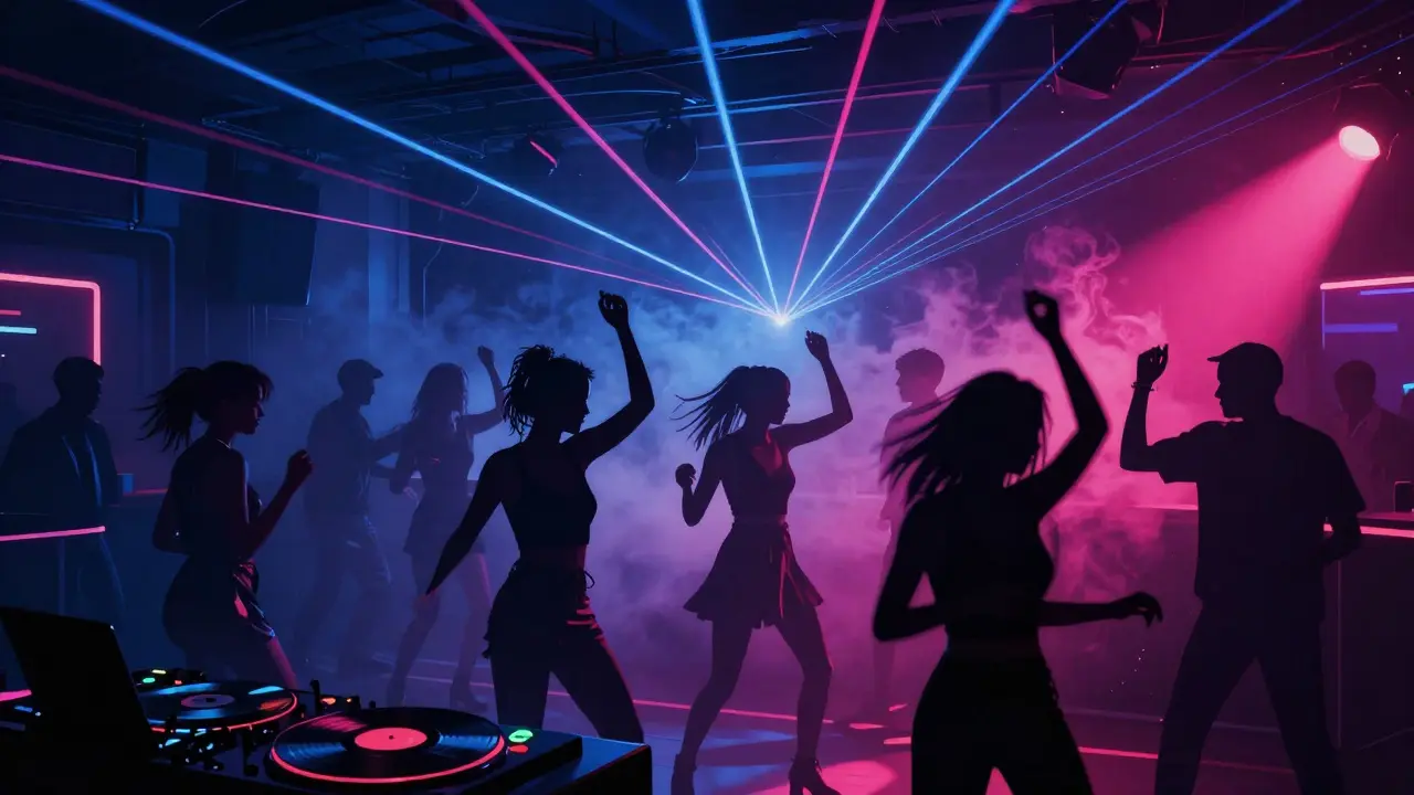 Crowd dancing in a neon-lit Milan nightclub under pulsating lights and laser beams.