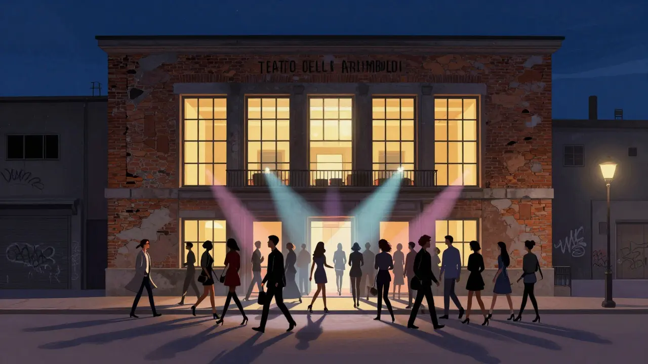 Crowd entering Teatro degli Arcimboldi, a converted theater glowing with colored lights at night.