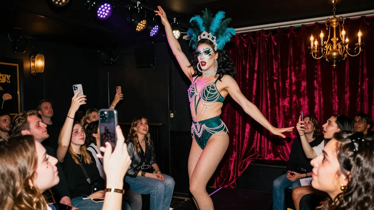 Drag performer on stage at The Glory, dramatic lighting, emotional audience watching in awe.