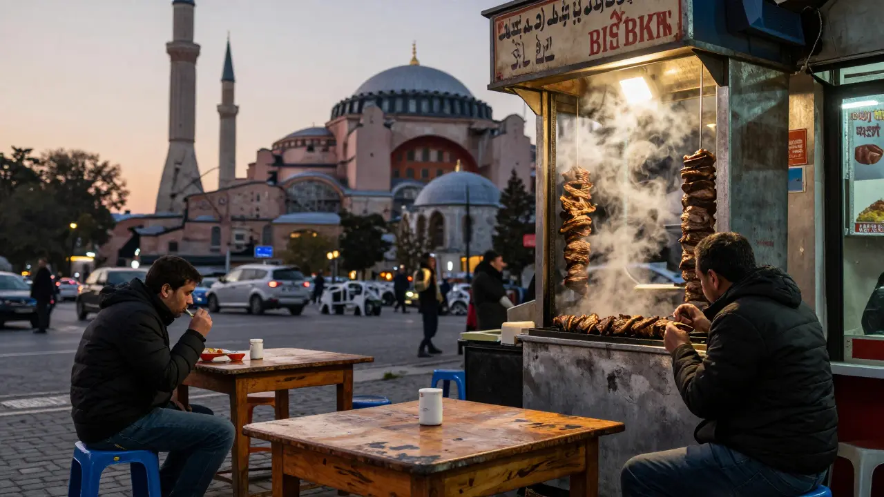 Early morning kebab eatery at dawn, steam rising from grilled meat as light touches Hagia Sophia.