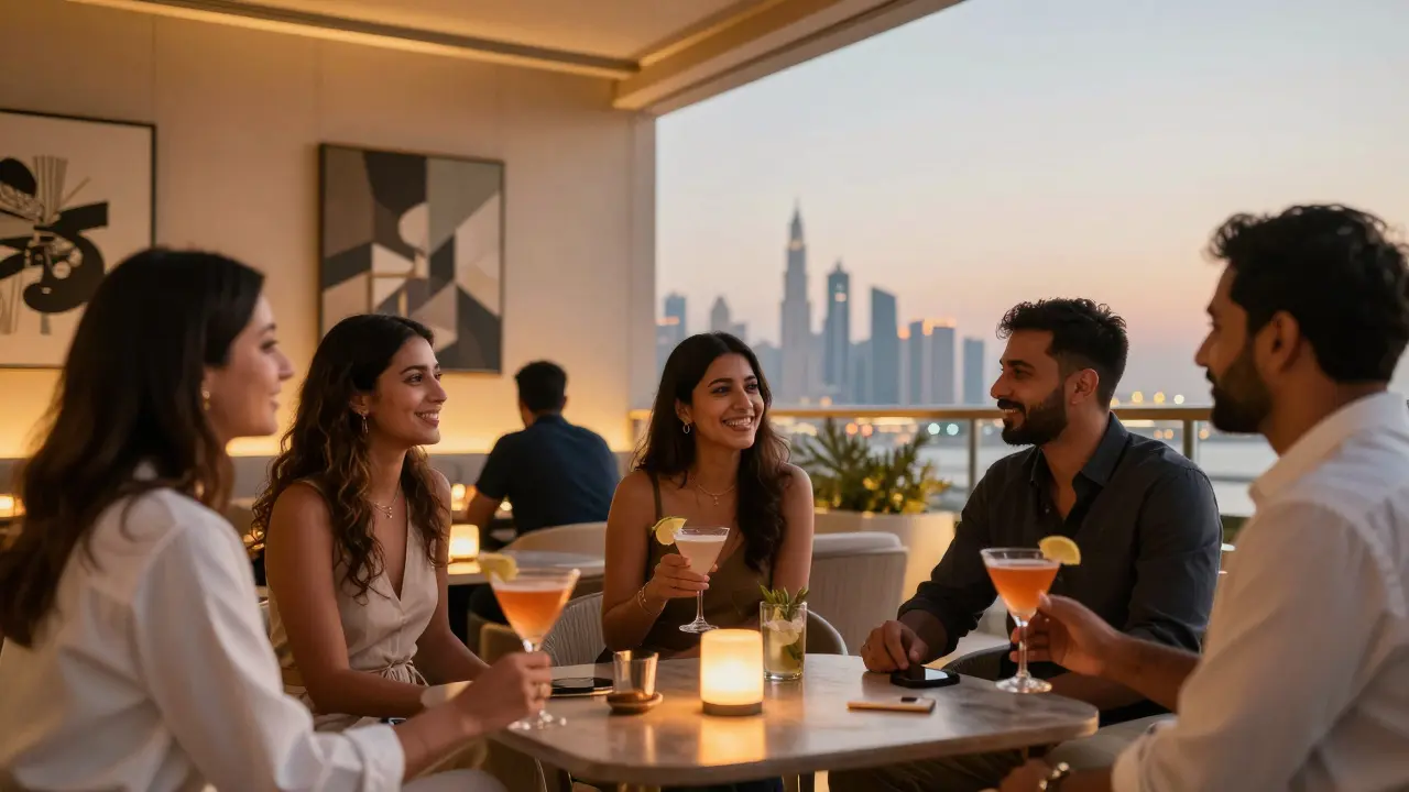Expats socializing at a rooftop lounge in Dubai at dusk, laughing over drinks with city lights behind them.