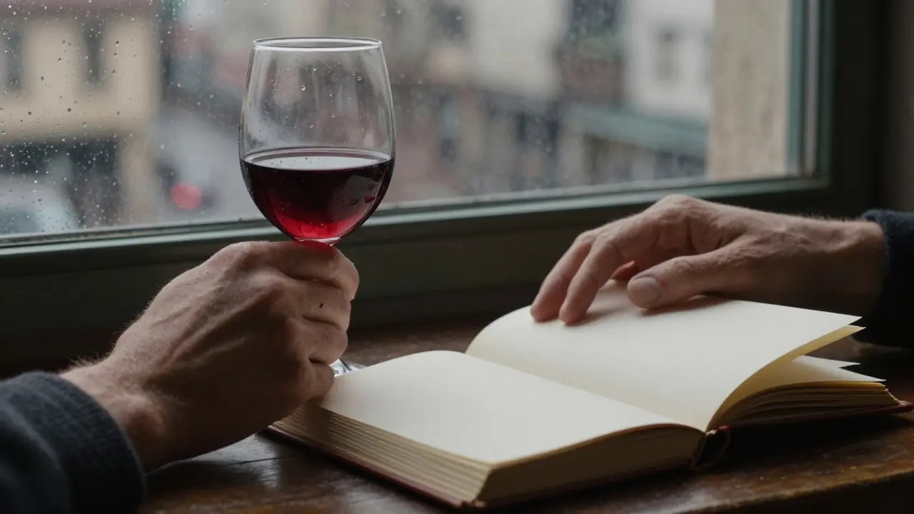 Hands near a wine glass and open journal, city lights blurred through a rainy window at night.