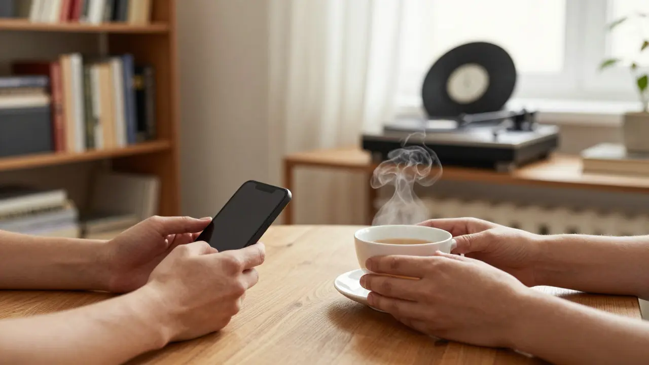 Hands on a wooden table: phone face down, a cup of tea steaming beside it.