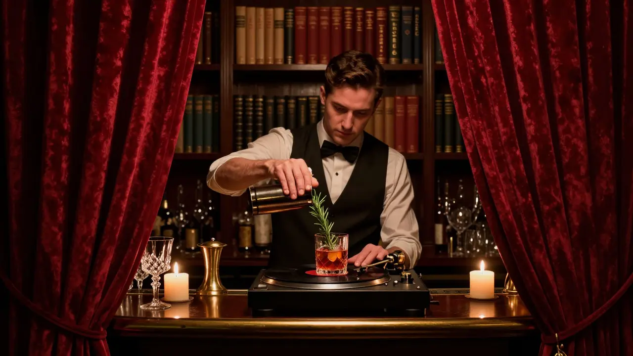 Hidden speakeasy behind a bookshelf, dimly lit with velvet curtains, bartender preparing a cocktail under candlelight.