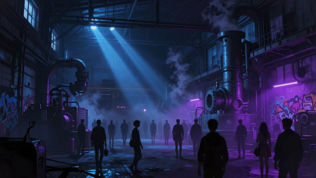 Industrial underground club with neon lights, pulsing crowds, and haze-filled energy at midnight.