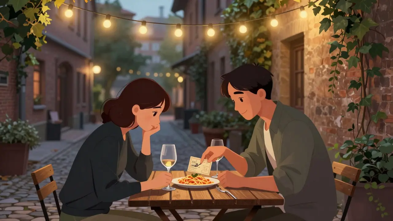 Intimate dinner in a Berlin courtyard with wine, pasta, and a vintage postcard on the table.