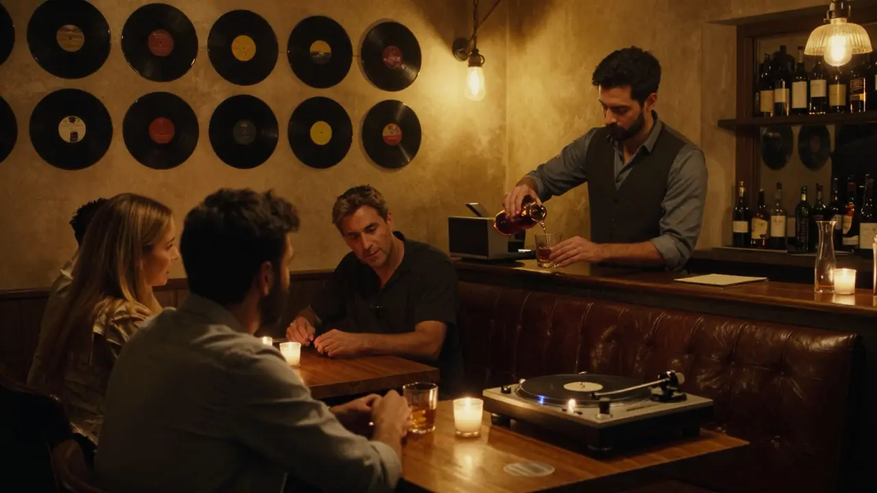 Intimate jazz bar with warm lighting, vinyl records, and a bartender pouring spirits in dim ambiance.