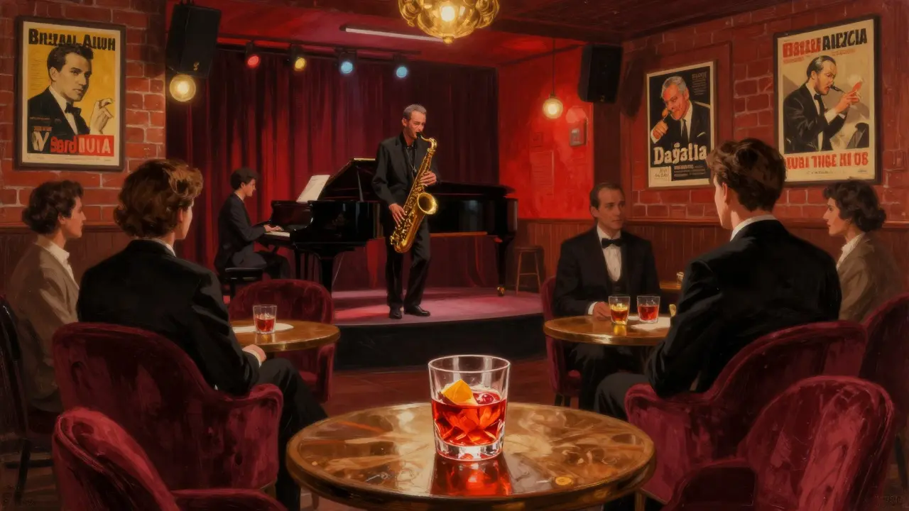 Intimate jazz club with a saxophonist playing under dim red lights and patrons enjoying cocktails.