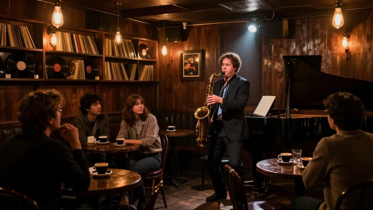 Intimate jazz club with saxophonist playing under spotlight, patrons sipping espresso in warm dim lighting.