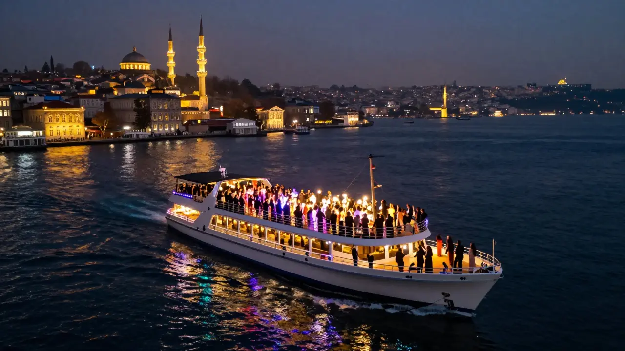 Luxury boat party on the Bosphorus under starry skies, reflecting city lights and historic landmarks.