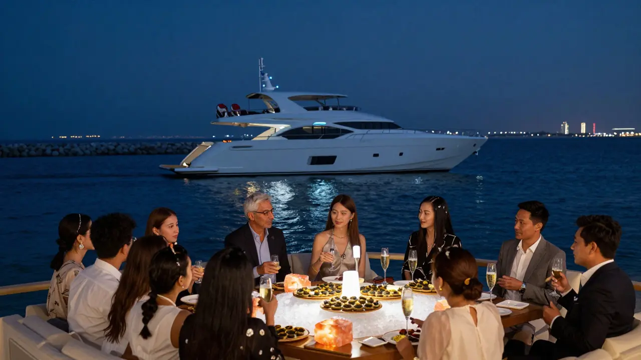 Luxury superyacht at night with guests enjoying caviar and champagne, anchored beyond a breakwater under moonlight.
