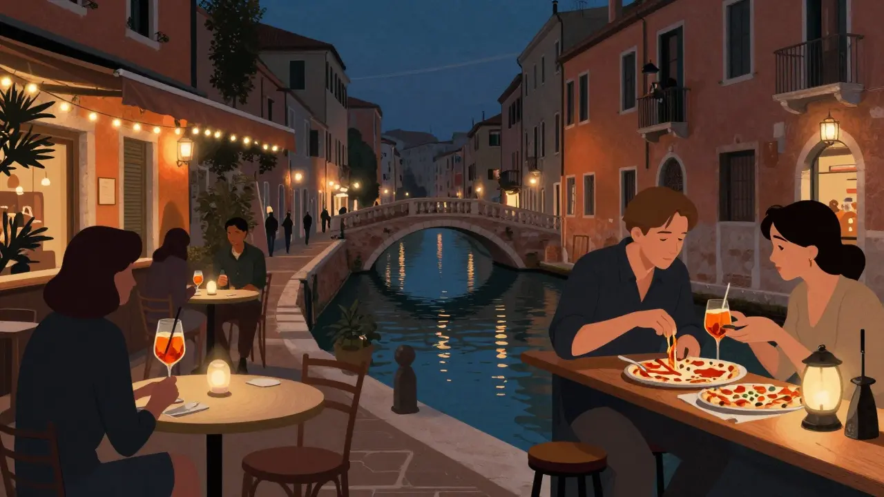 Navigli canals at night with string lights, people enjoying cocktails and pizza.