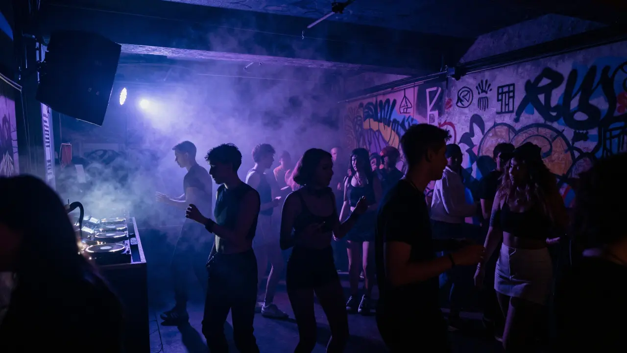 Queer dance party at Club Kali, dim lights, smoke, and unified crowd moving to techno beats.